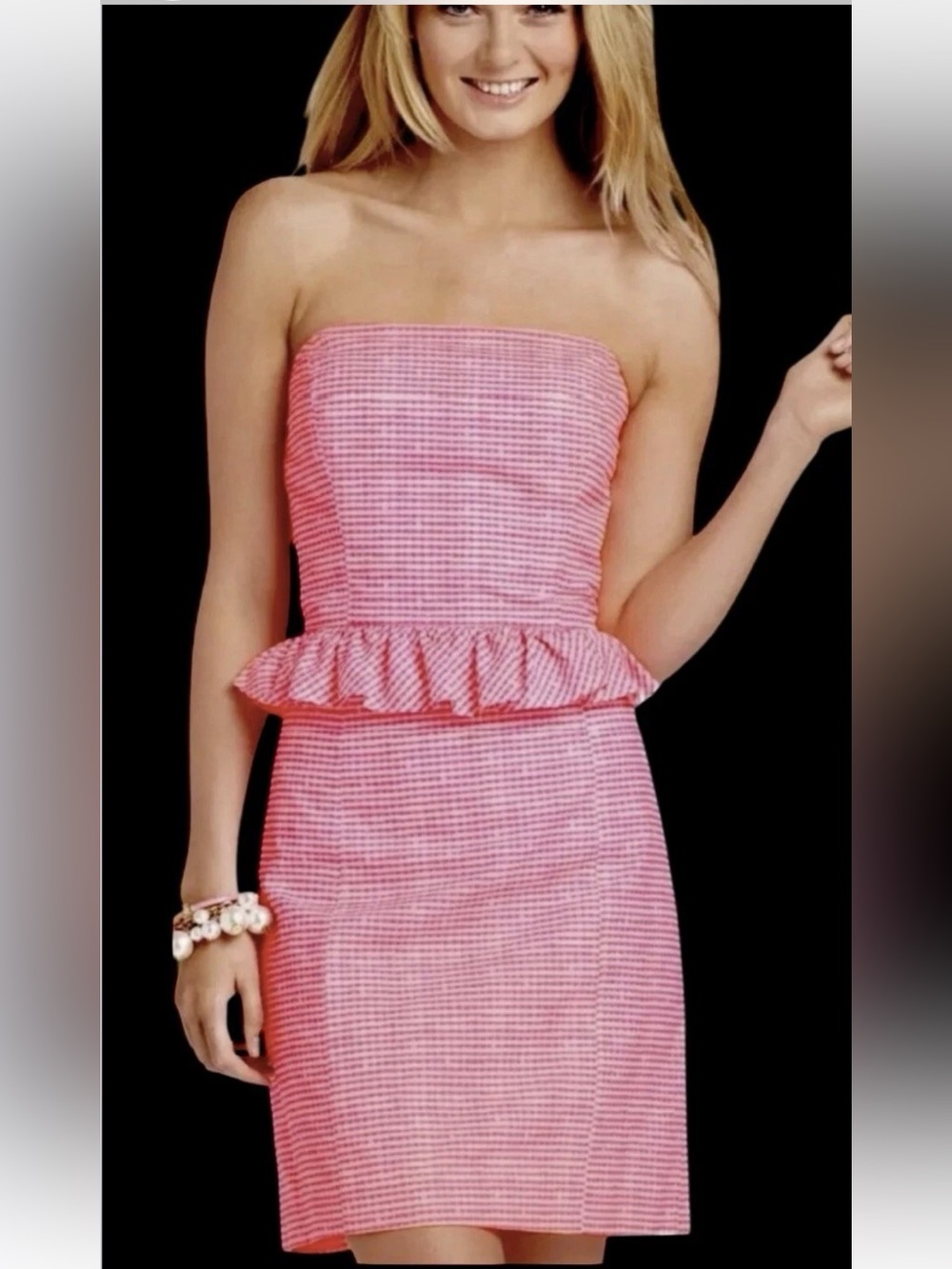 Lilly Pulitzer 🌻Strapless Pink Gingham Peplum Dress